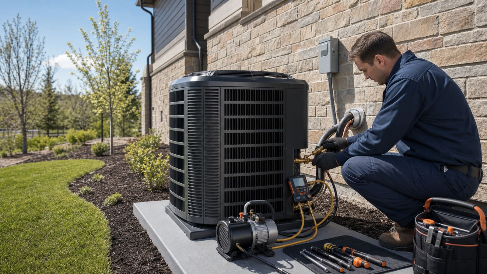 Technician evacuating refrigerant lines on a new air conditioner