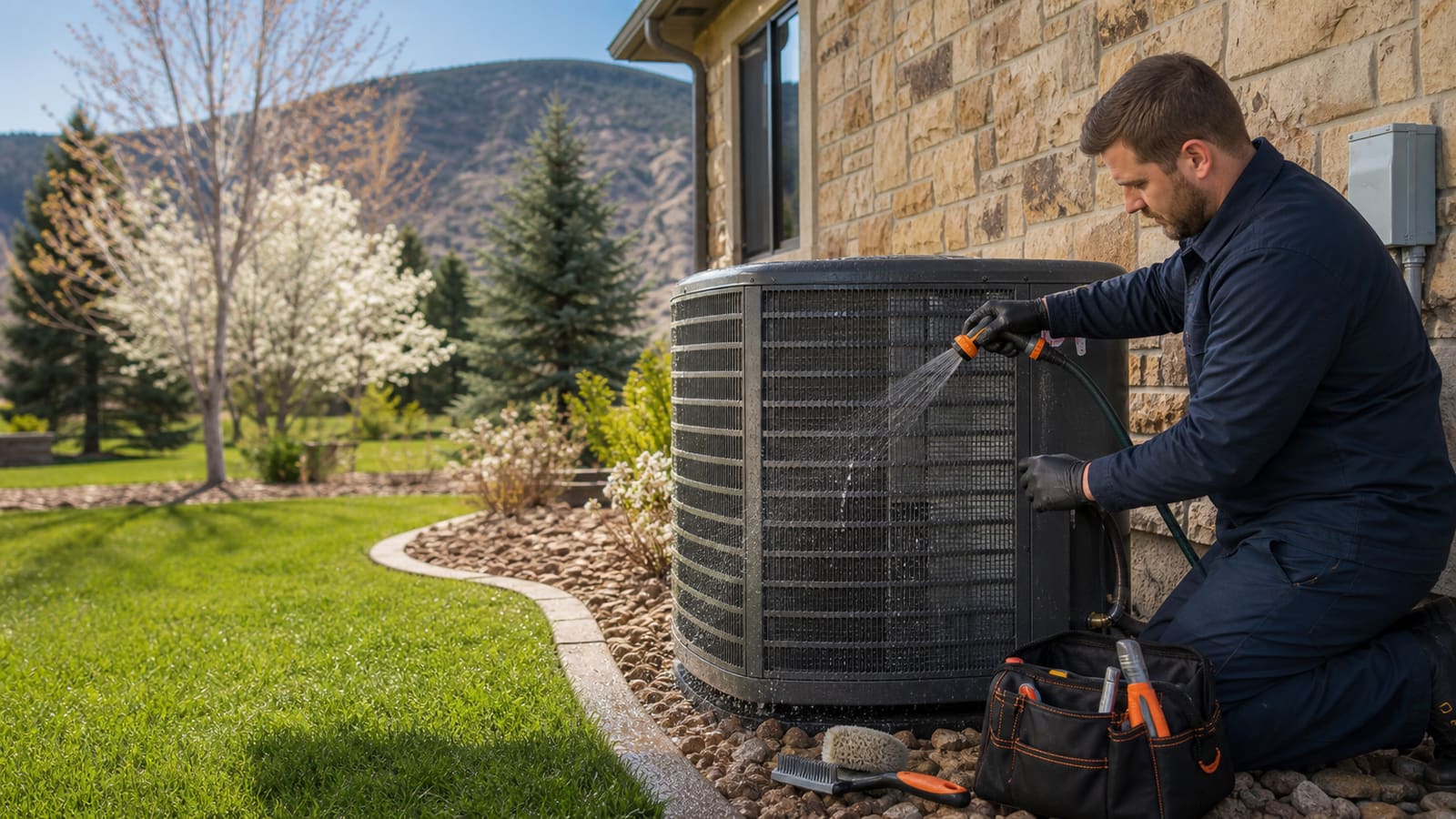 Technician rinsing an air conditioner's outdoor coil