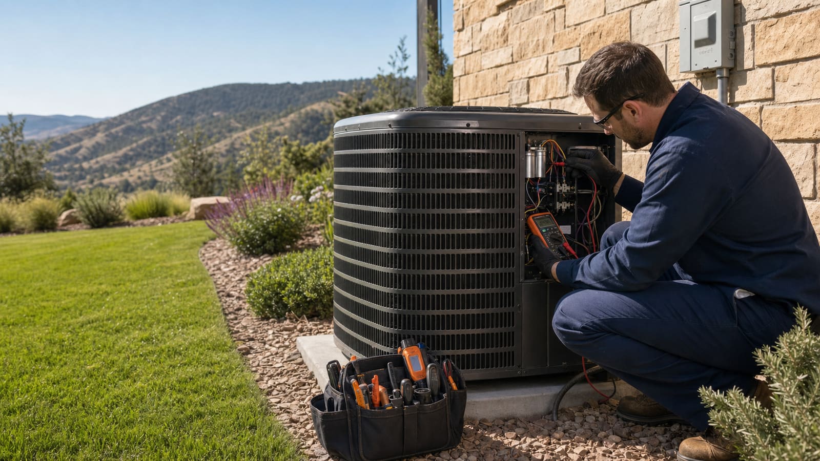 Technician testing an air conditioner's electrical components
