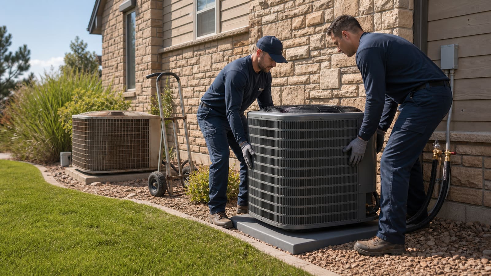 Technicians replacing an older air conditioner with a new unit