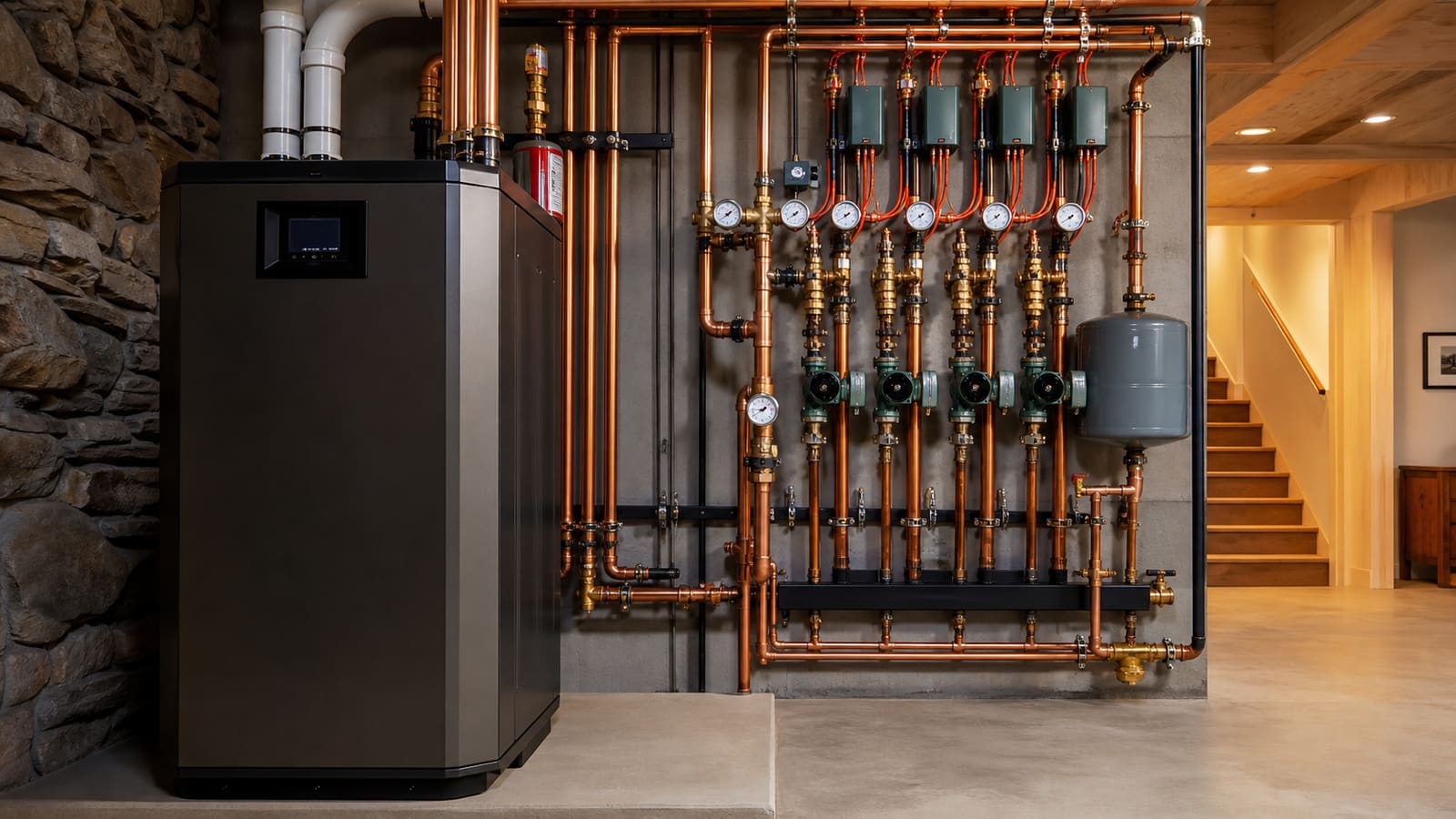 High-efficiency residential boiler with a copper manifold