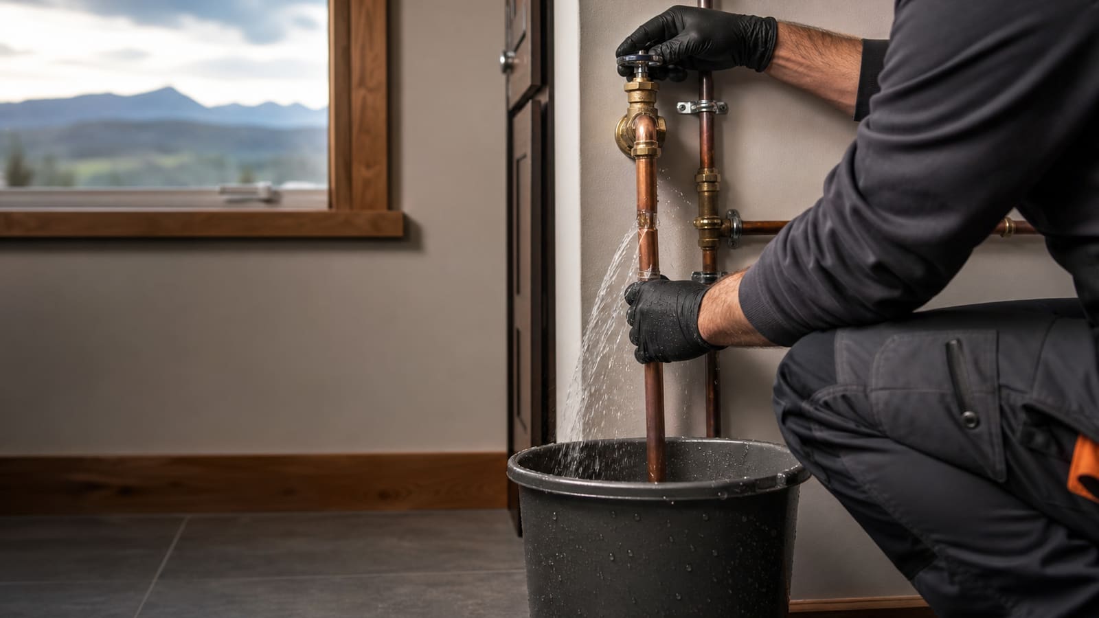 Plumber containing a burst copper pipe leak in a home's utility room
