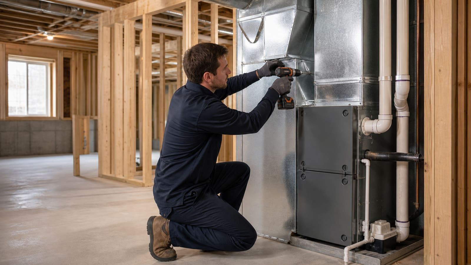 Technician installing ductwork on a new residential furnace