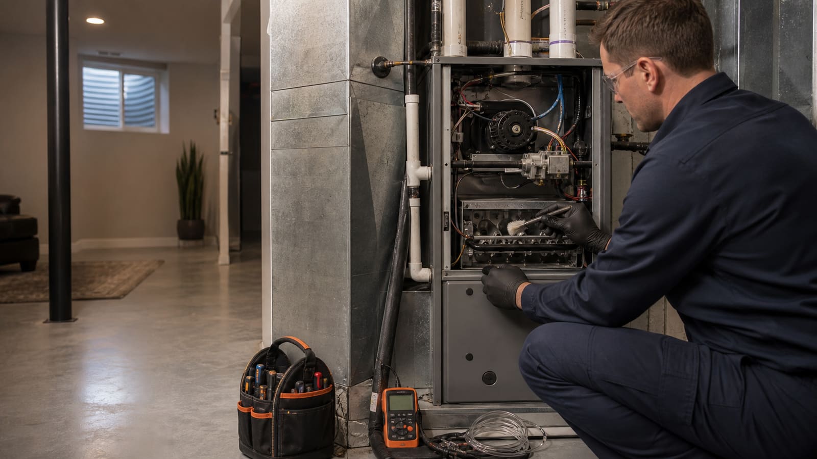 Technician cleaning the burner assembly of a residential furnace