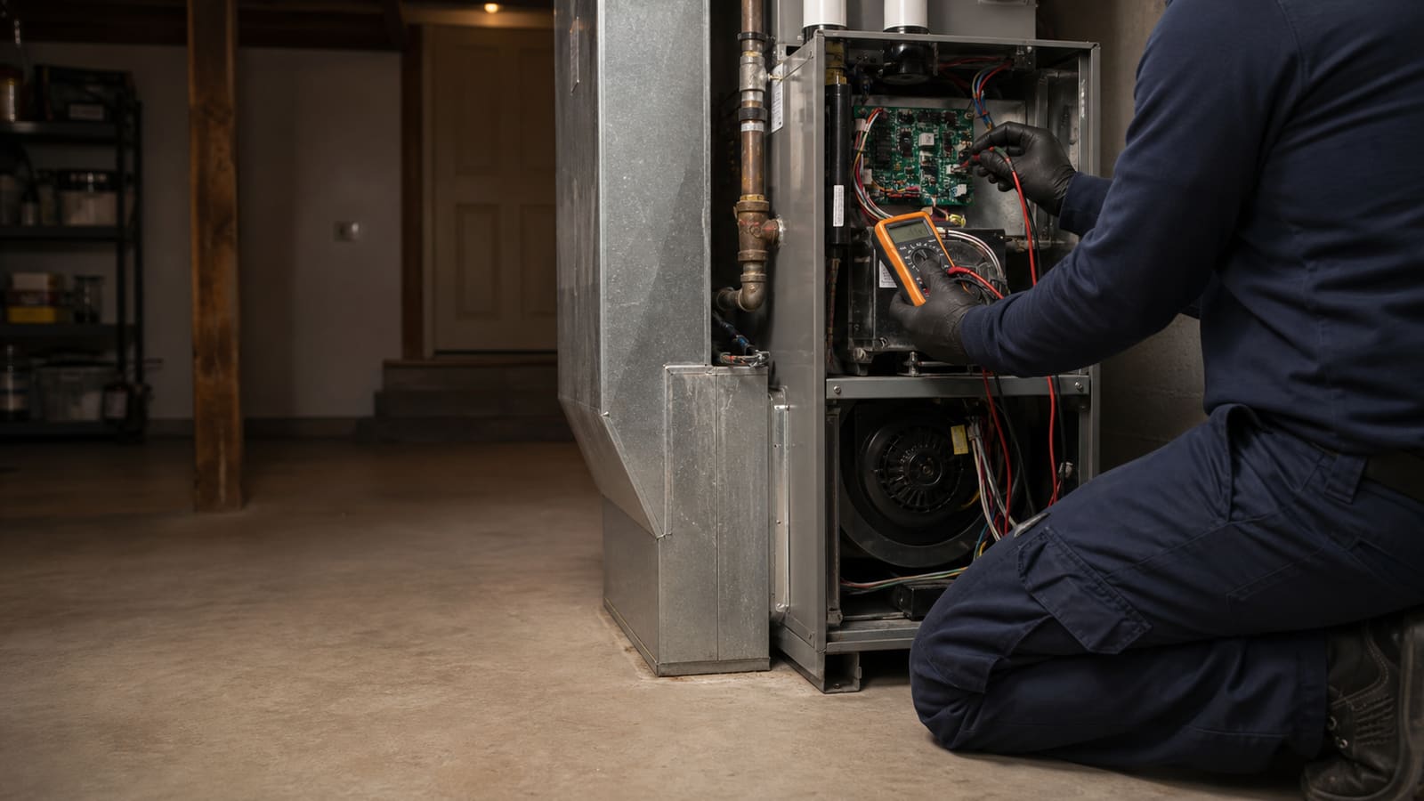 Technician diagnosing an open residential furnace with a multimeter
