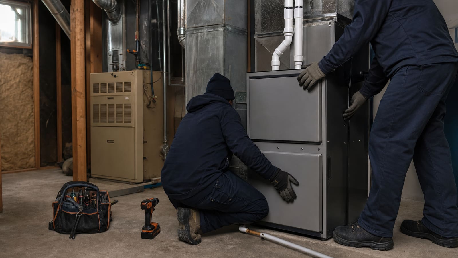 Technicians positioning a new furnace beside an older unit