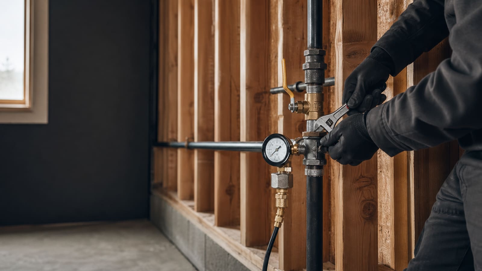 Plumber pressure-testing a residential black iron gas line