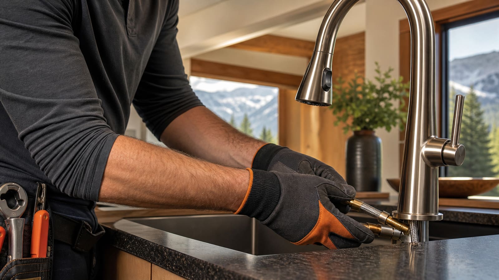 Plumber repairing a kitchen sink faucet