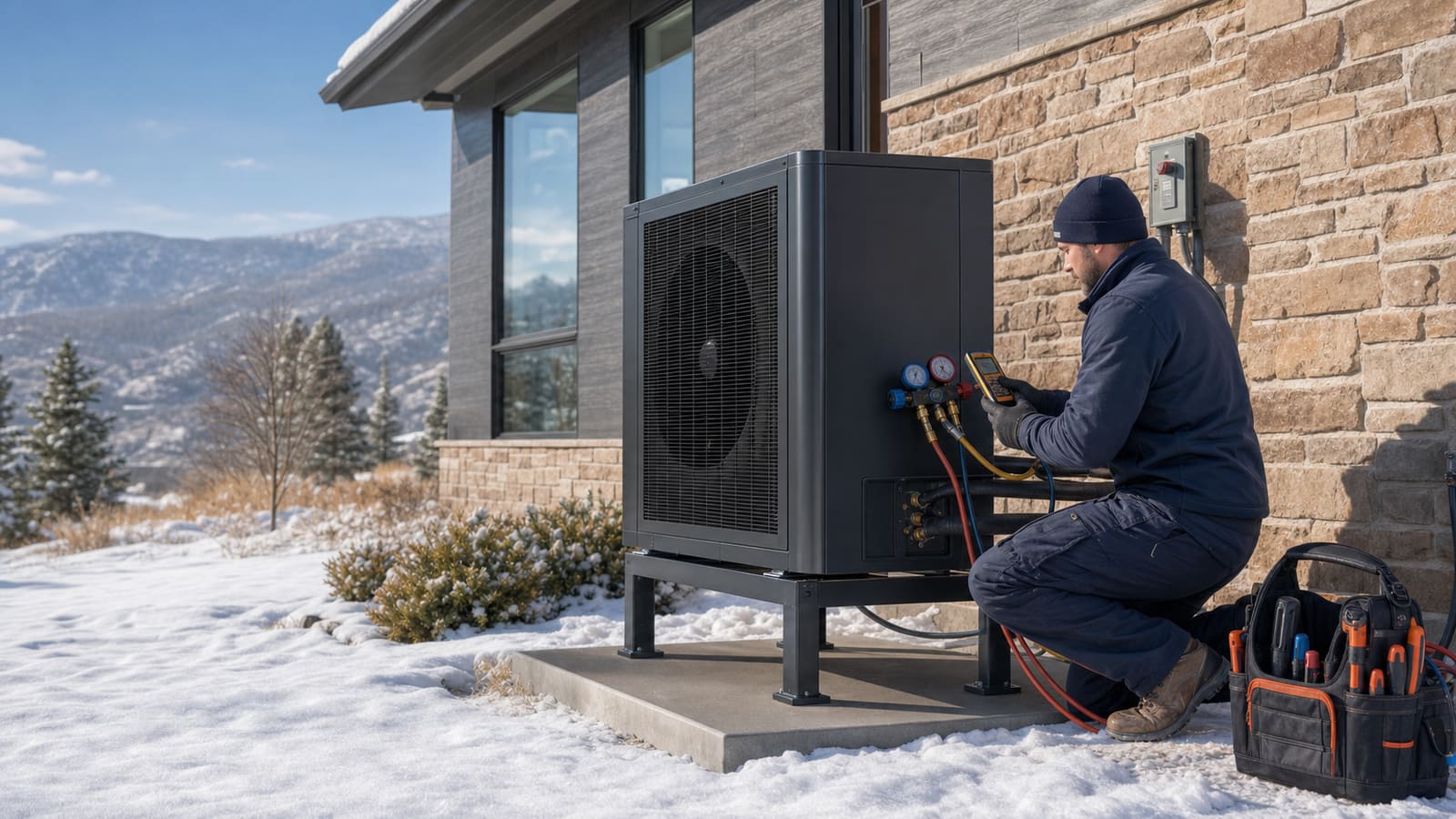 Technician commissioning a cold-climate heat pump in winter