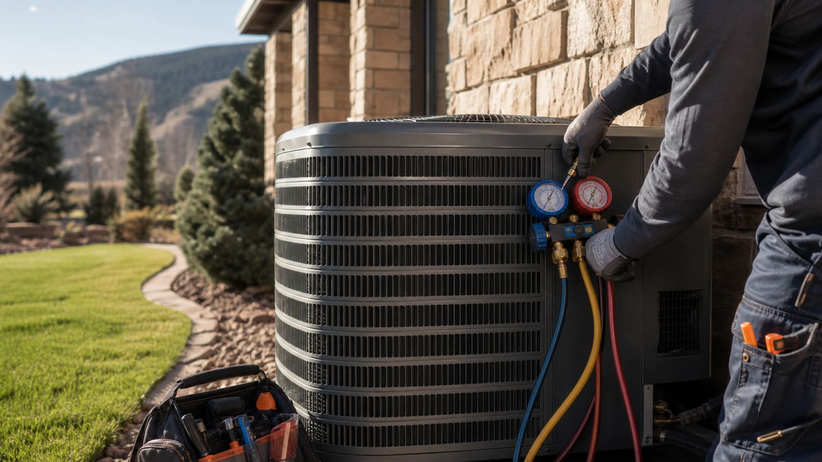 Technician checking refrigerant pressure on an air conditioner