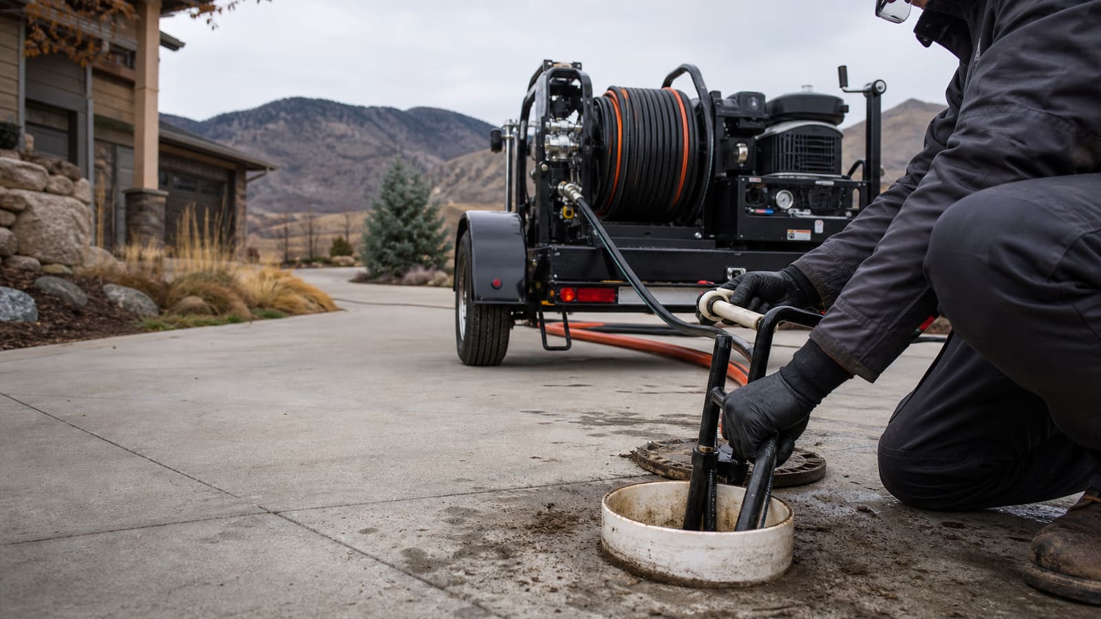Plumber hydro-jetting a blocked sewer line through a cleanout