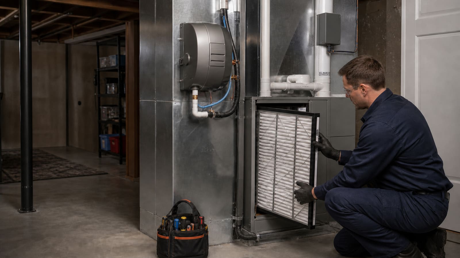 Technician installing a whole-home media air filter