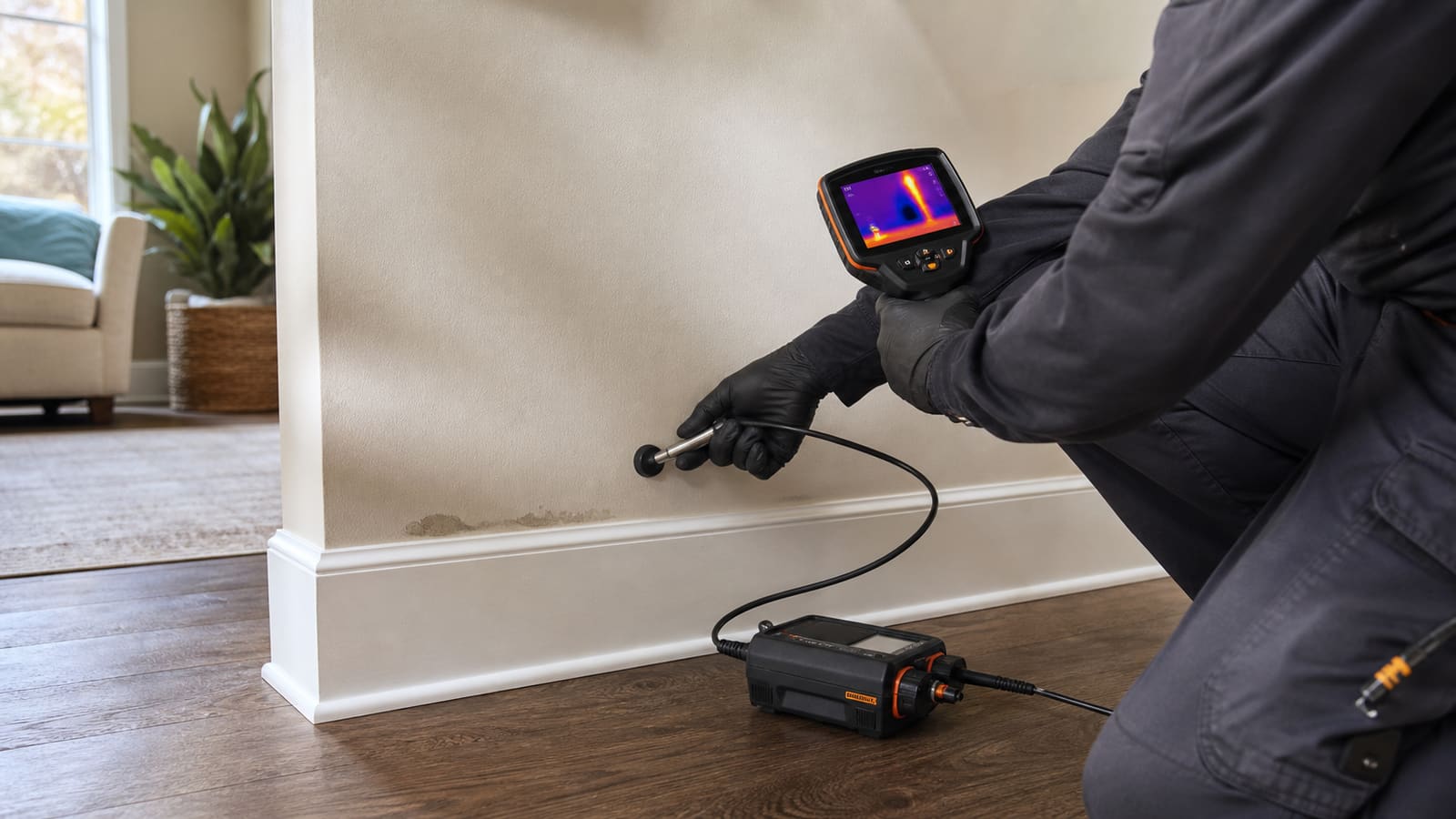 Technician using acoustic and thermal equipment to locate a hidden leak