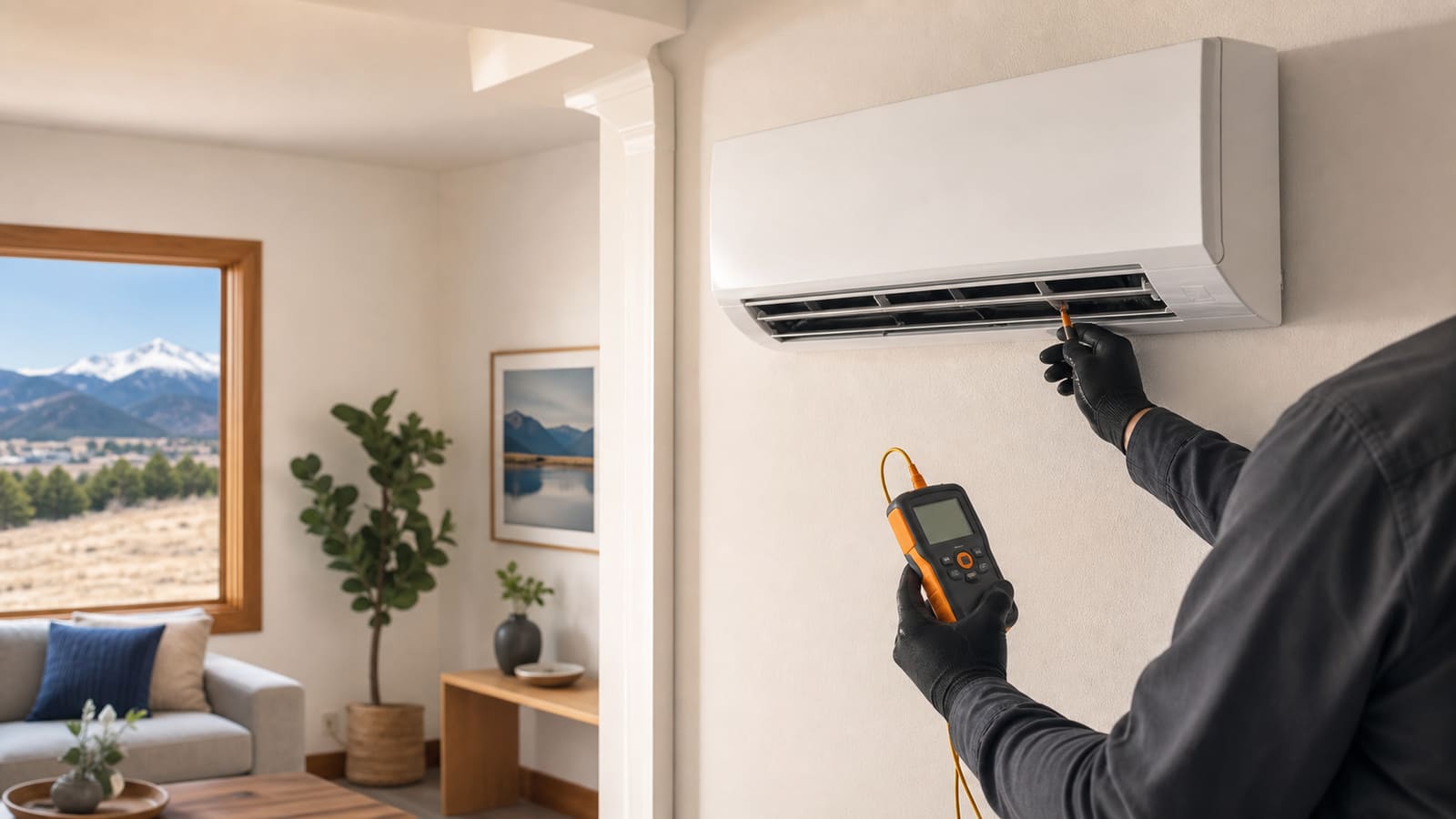 Technician checking a wall-mounted ductless mini split