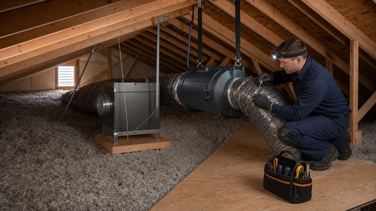 Technician installing a ducted whole-house fan in an attic
