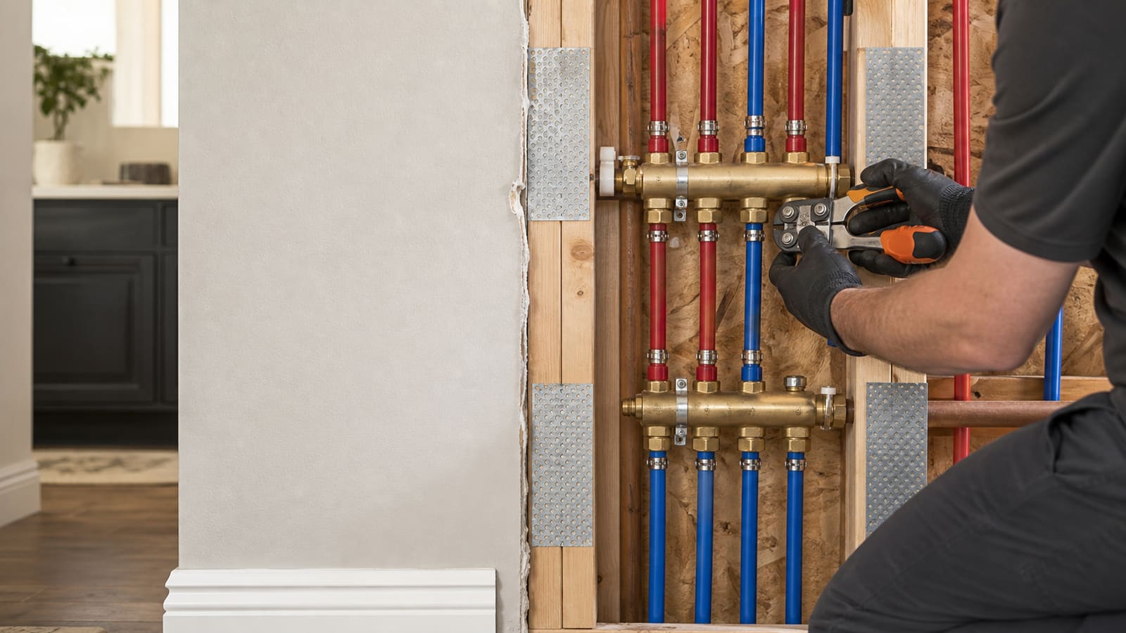 Plumber installing a PEX manifold during a whole-home repipe