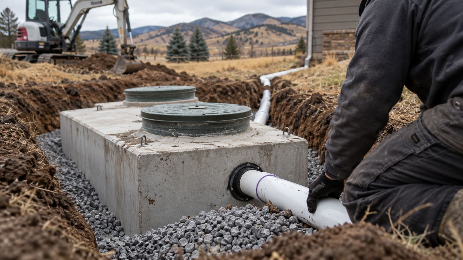 Technician connecting PVC pipe to a new concrete septic tank set in gravel