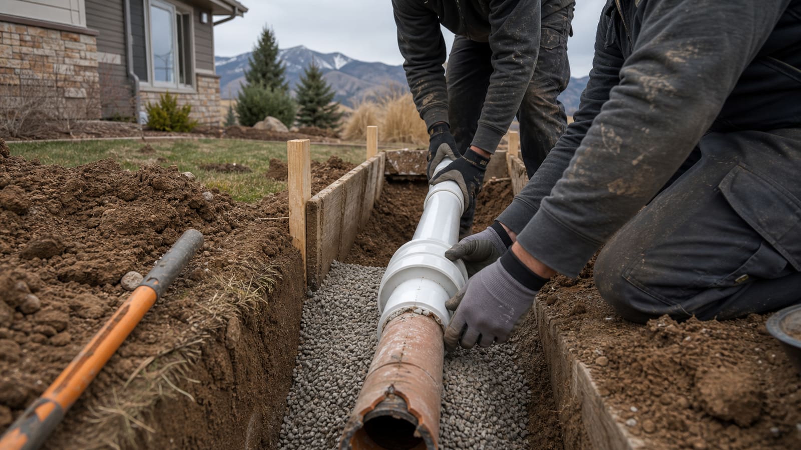 Technicians replacing a clay sewer line with PVC