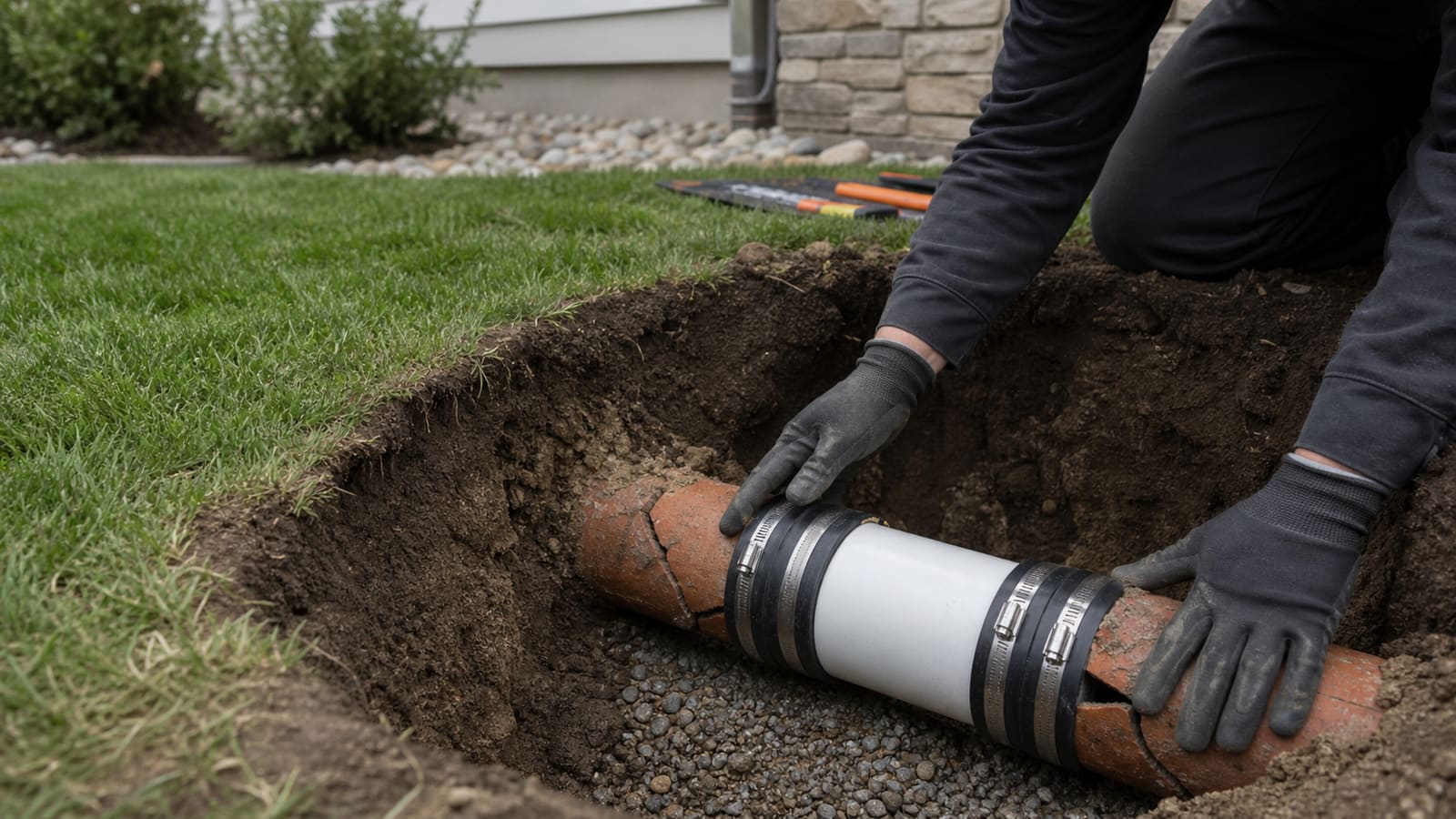 Plumber completing a targeted spot repair on a cracked clay sewer line