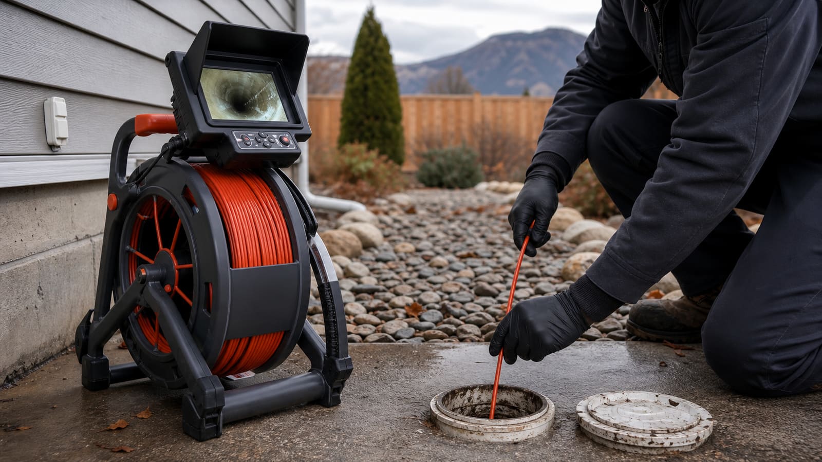 Plumber running a sewer camera into an outdoor cleanout