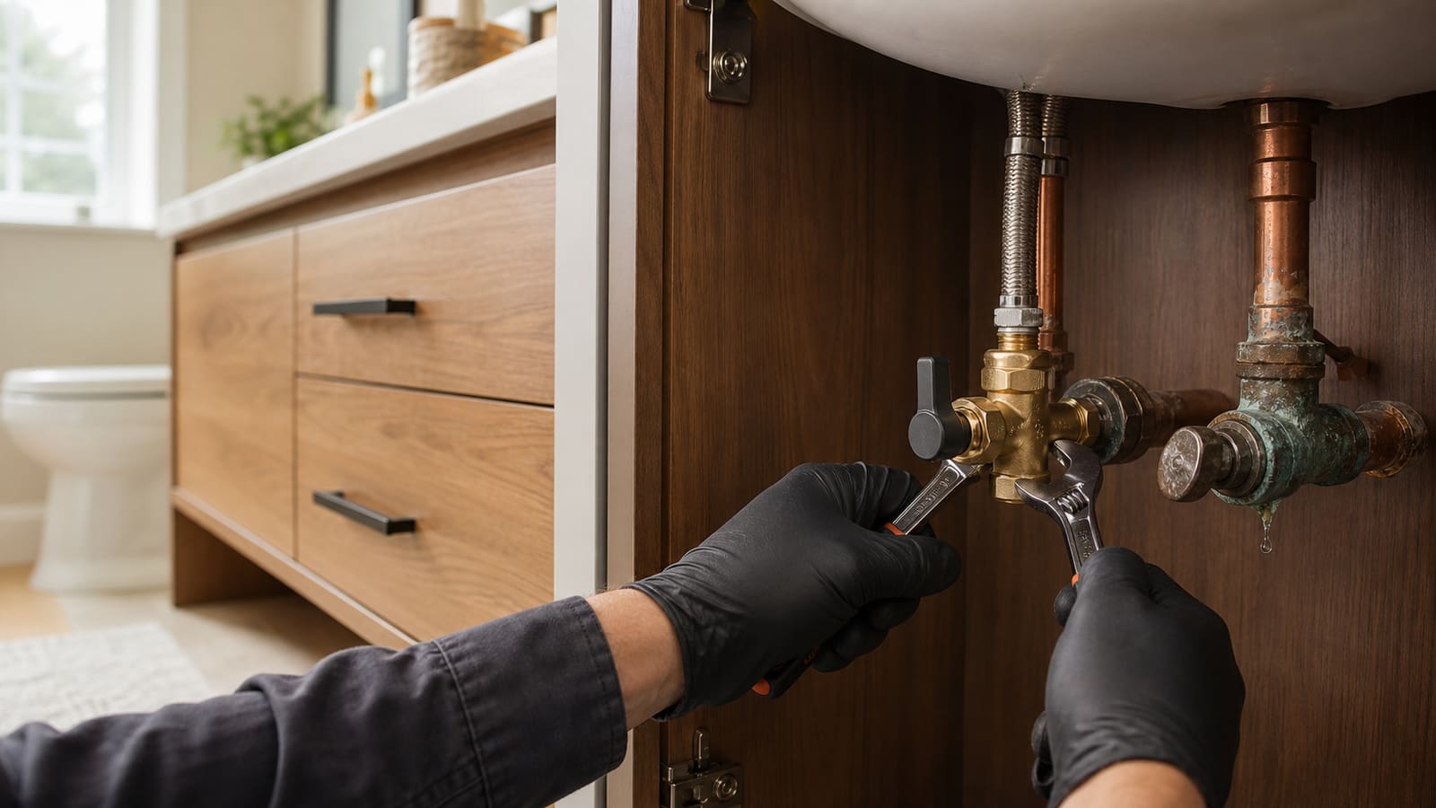 Plumber replacing a corroded sink shutoff valve