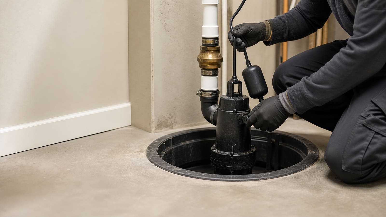 Technician servicing a residential sump pump
