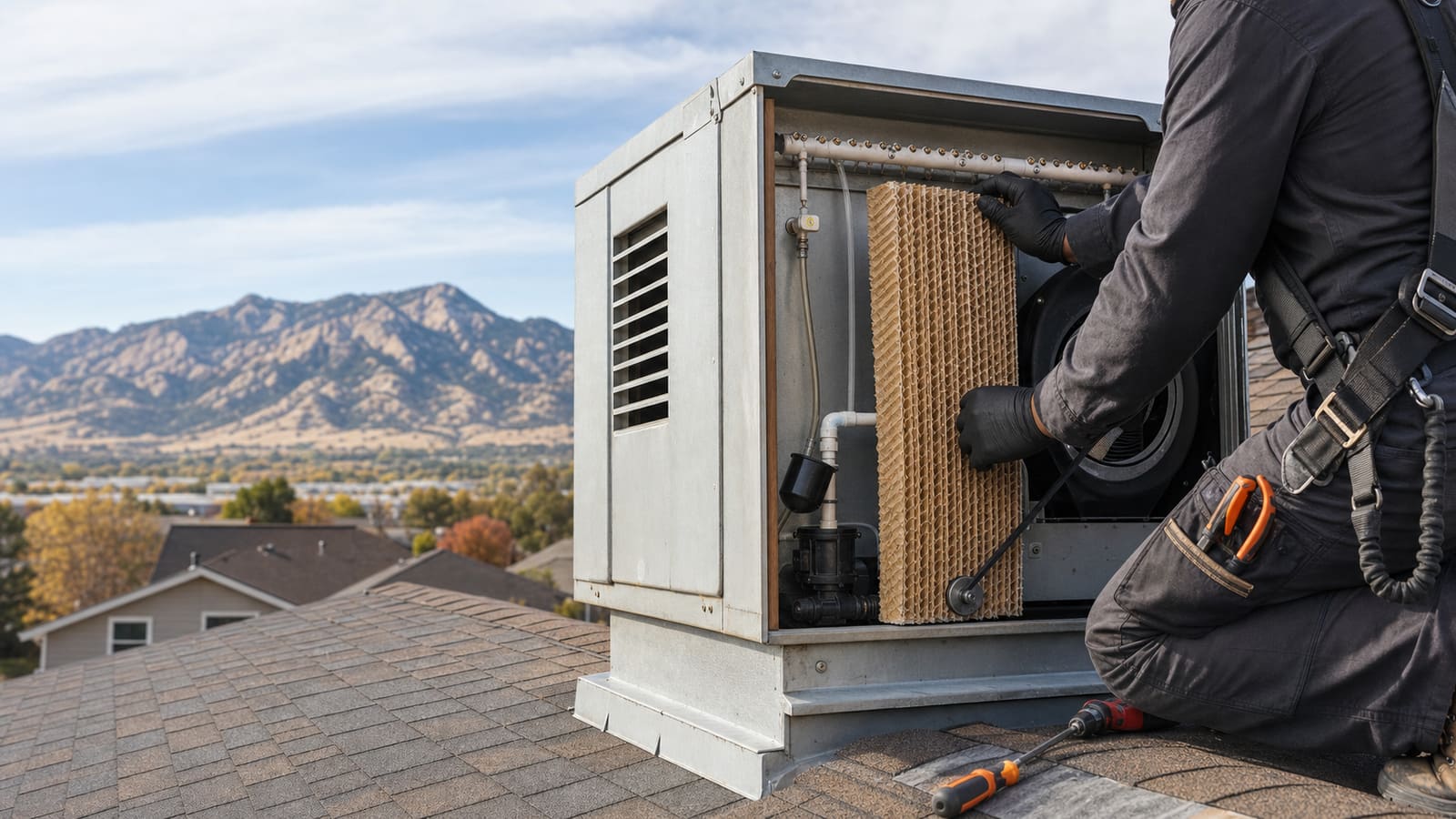 Technician servicing a rooftop evaporative swamp cooler