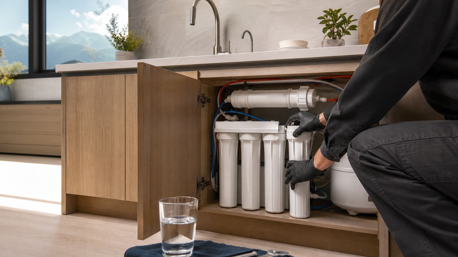 Plumber servicing an under-sink reverse osmosis filtration system