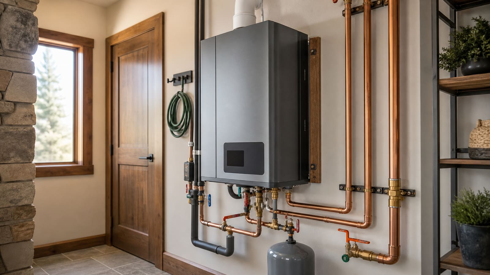 Wall-mounted tankless water heater with copper supply lines