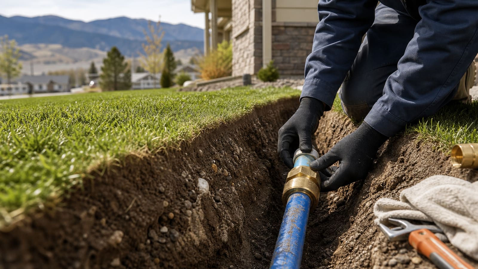 Plumber repairing an underground residential water service line