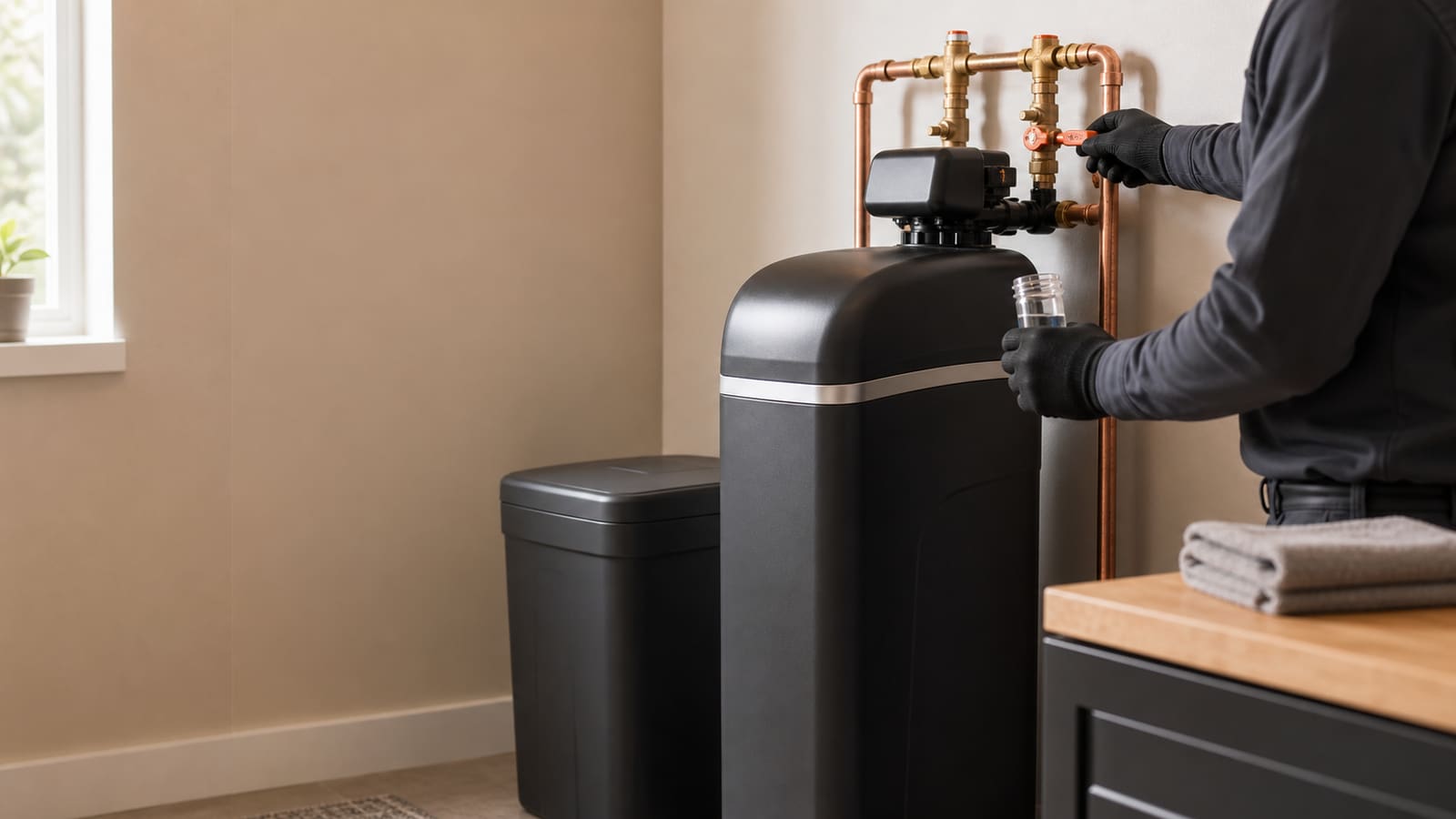 Whole-home water treatment system installed in a utility room